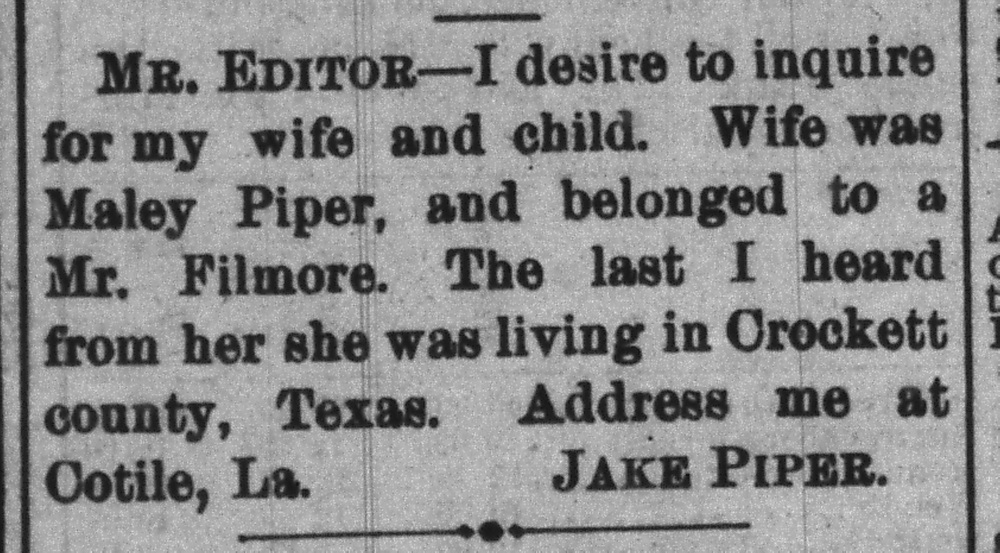 Jake Piper seeking his wife Maley Piper and child