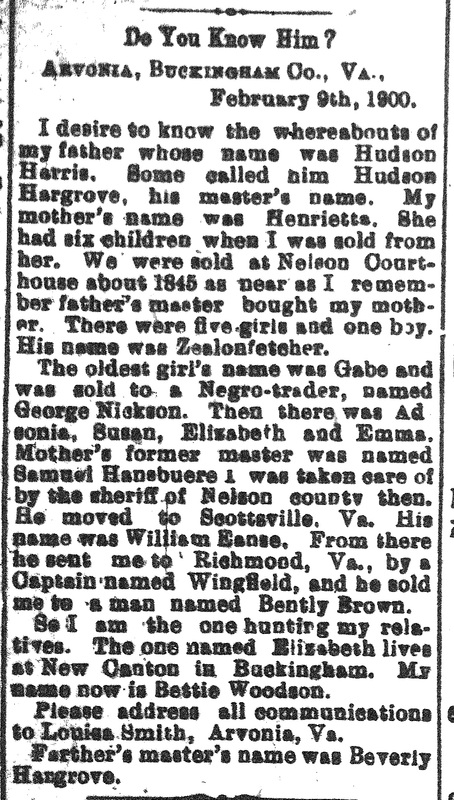 Bettie Woodson searching for her father Hudson Harris (also known as Hudson Hargrove), her mother Henriette, and several siblings 