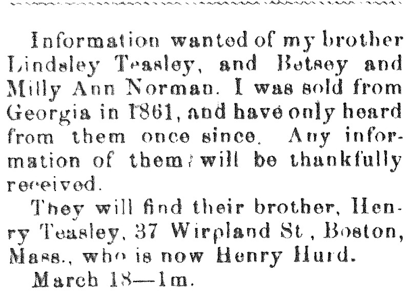 Henry Teasley searching for his siblings Lindsley Teasley, Betsy Normal, and Milly Ann Norman