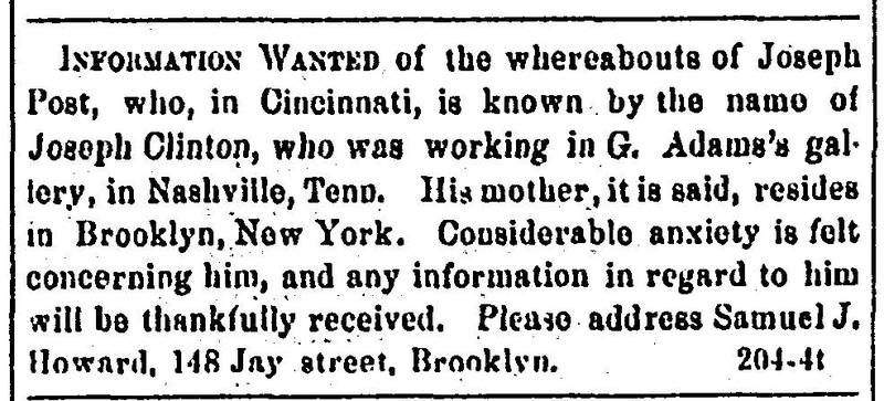 Samuel J. Howard seeking Joseph Clinton (formerly Joseph Post)