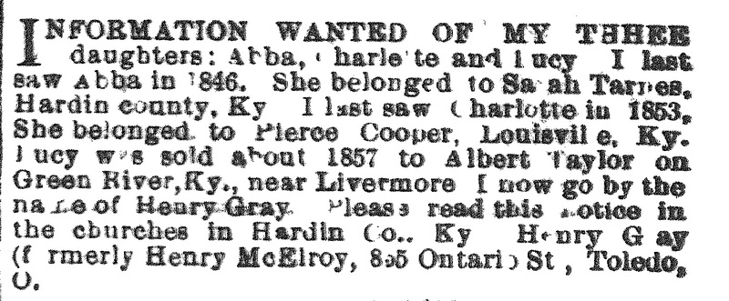 Henry Gray (formerly Henry McElroy) searching for his daughters Abba, Charlotte, and Lucy (2nd of 2 ads)