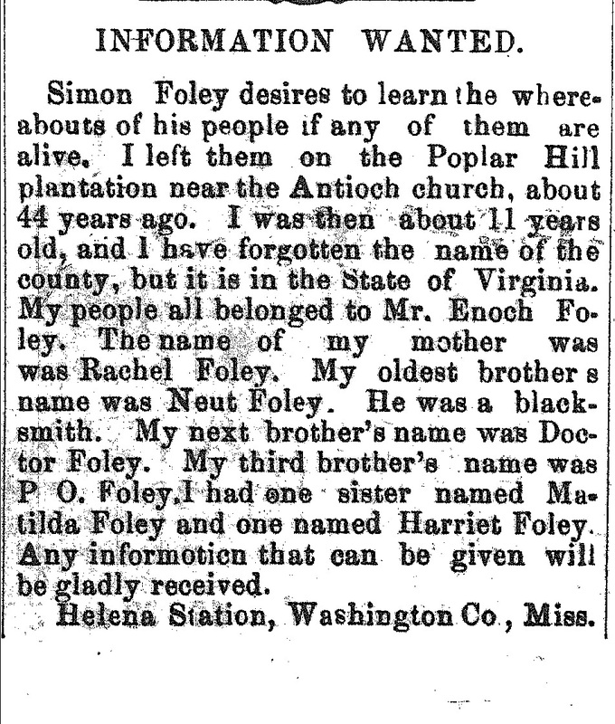 Simon Foley looking for his mother Rachel Foley and siblings, Neut, Doctor, P. O., Matilda, and Harriet