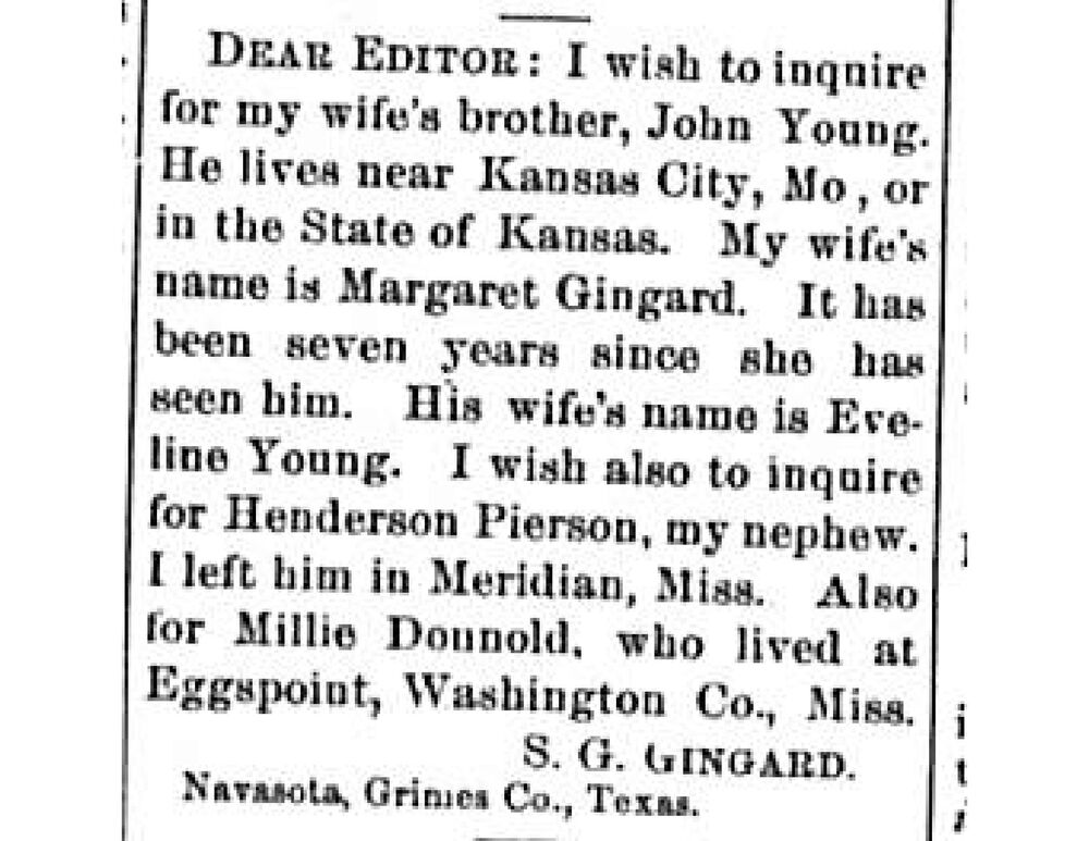 S. G. Gingard searching for his wife&#039;s brother John Young 