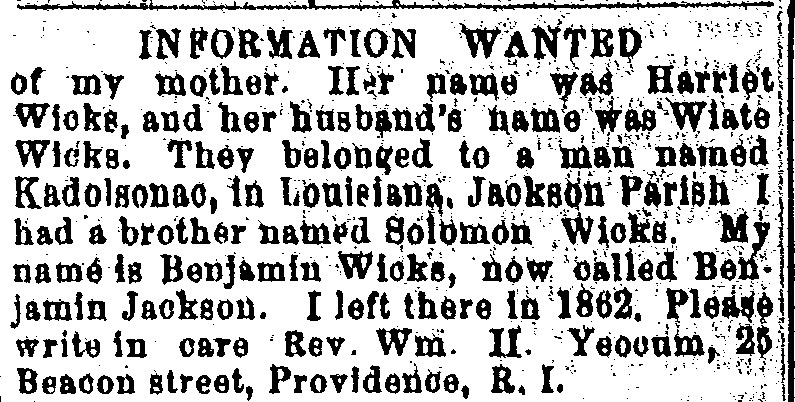 Benjamin Jackson (formerly Benjamin Wicks) seeking information about his mother Harriet Wicks