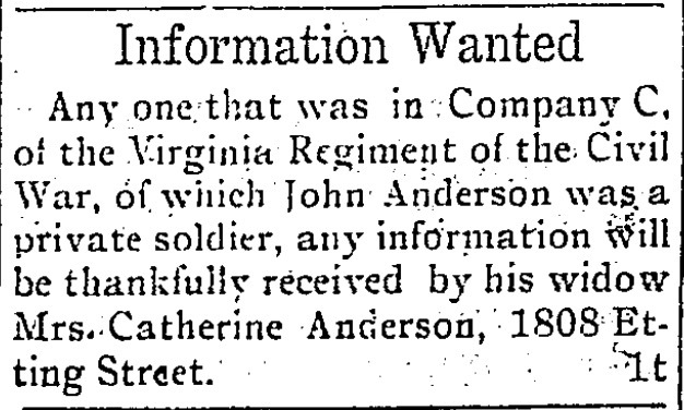 Mrs. Catherine Anderson looking for information about her deceased husband John Anderson