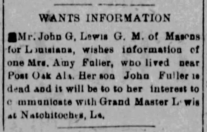 Mr. John G. Lewis, Grand Master of Masons for Louisiana, searching for Mrs. Amy Fuller 