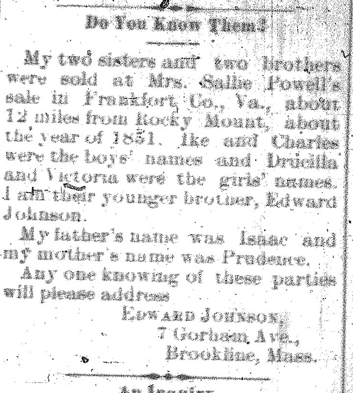 Edward Johnson searching for his parents Isaac and Prudence and siblings Drucilla, Victoria, Ike, and Charles 