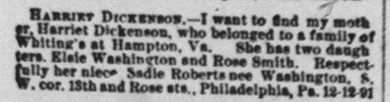 Sadie Roberts (nee Washington) searching for her mother, Harriet Dickenson