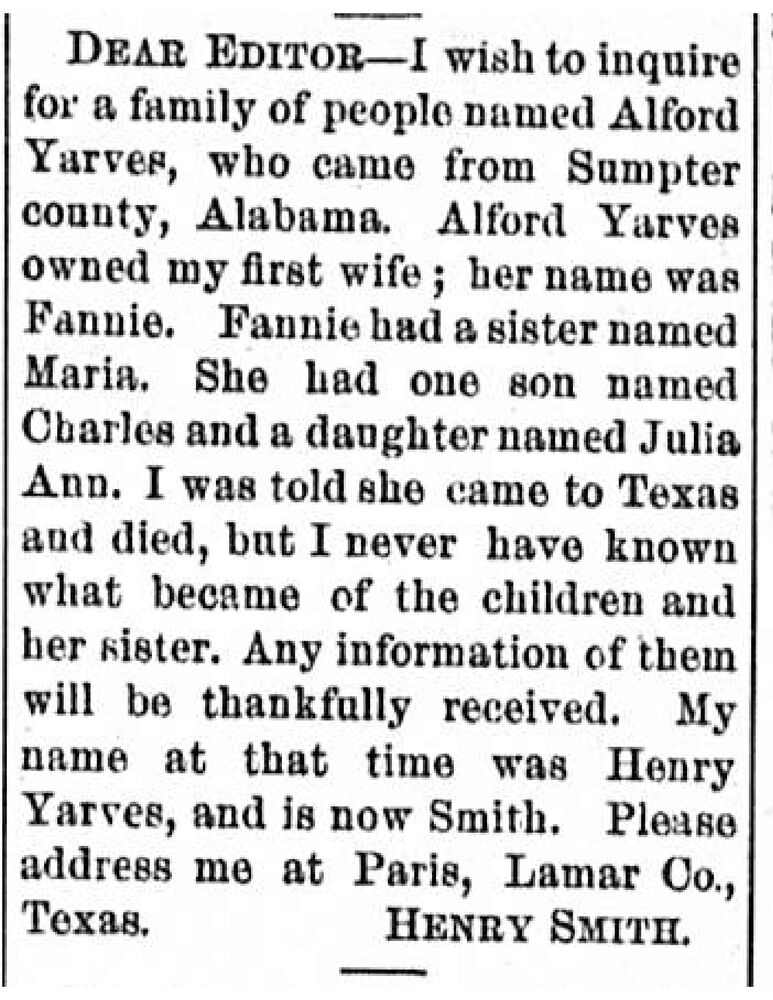 Henry Smith (formerly Henry Yarves) searching for his wife Fannie, wife&#039;s sister Maria, and family