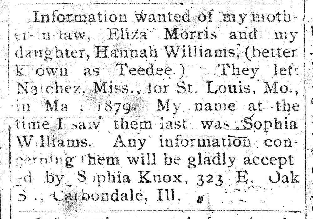 Sophia Knox (formerly Sophia Williams) searching for mother-in-law Eliza Morris and daughter Hannah Williams (also known as Teedee)