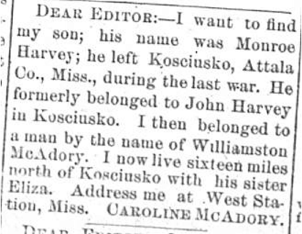 Caroline McAdory seeking her son Monroe Harvey