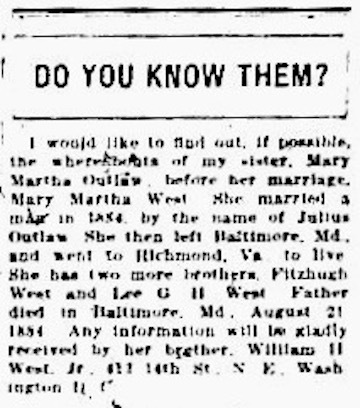 William H. West searching for his sister Mary Martha Outlaw (formerly Mary Martha West)