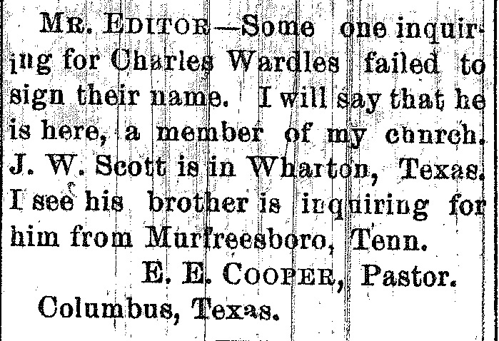 E. E Cooper responding to two ads involving Charles Wardles and J. W. Scott