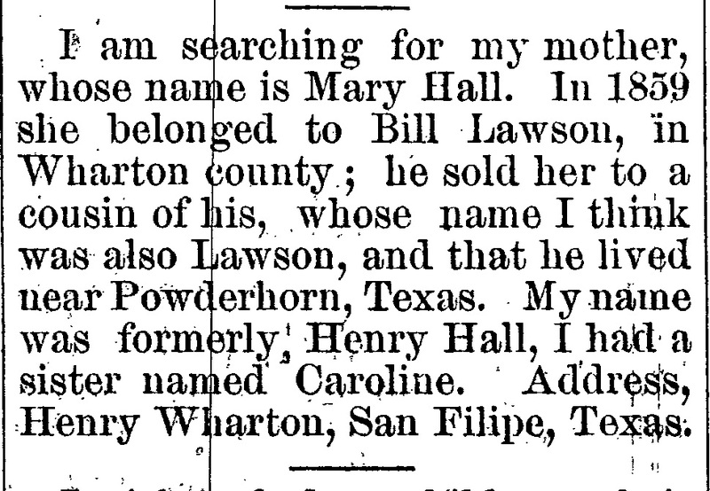 Henry Wharton (formerly Henry Hall) searching for his mother Mary Hall 