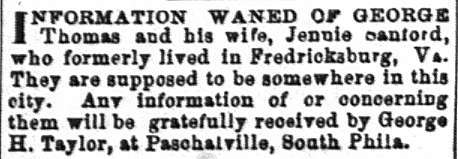 George H. Taylor searching for information about George Thomas and Jennie Sanford