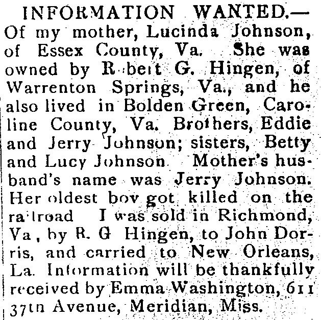 Emma Washington seeking information of her mother Lucinda Johnson