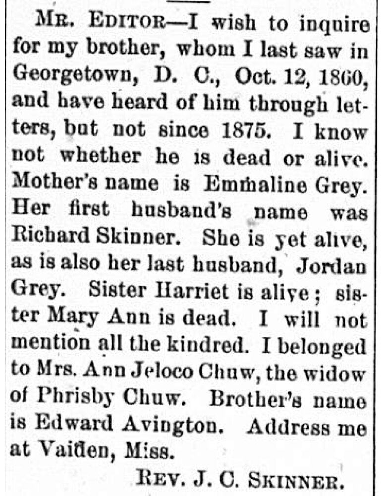 Rev. J. C. Skinner searching for his brother Edward Avington