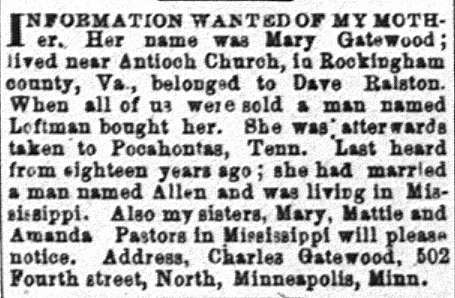 Charles Gatewood searching for his mother Mary Gatewood and his sisters Mary, Mattie, and Amanda