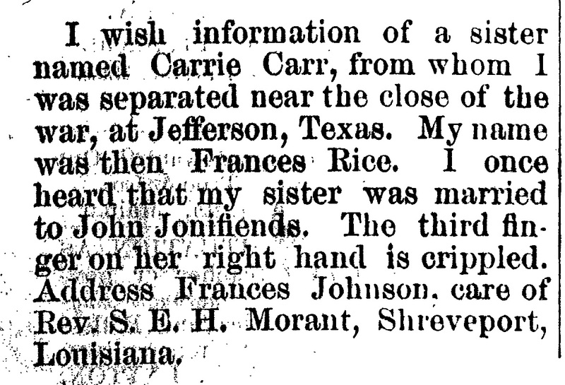 Frances Johnson (formerly Frances Rice) seeking information about her sister Carrie Carr 