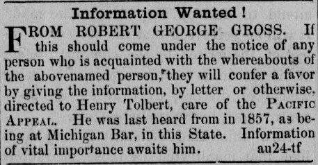 Henry Tolbert looking for Robert George Gross