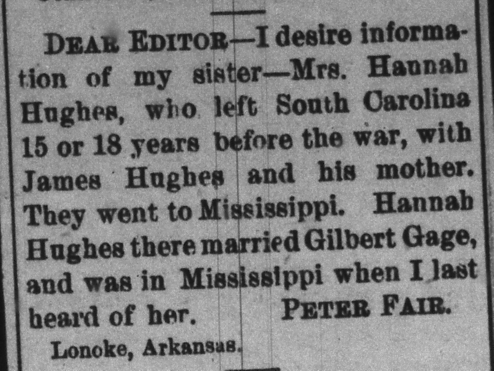 Peter Fair seeking his sister Mrs. Hannah Hughes