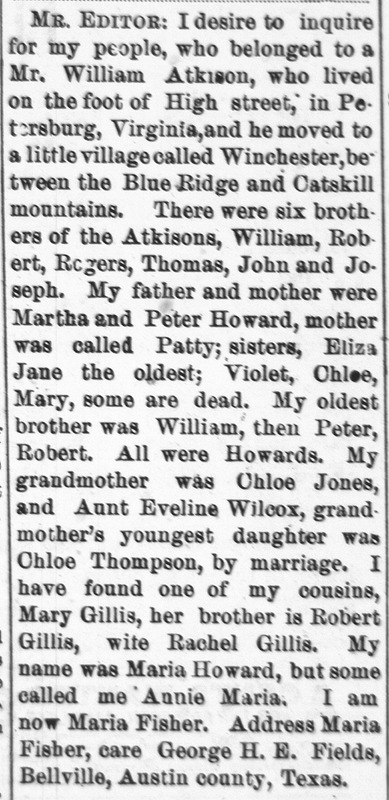 Maria Fisher (formerly Maria Howard) is searching for her mother, father, three brothers, four sisters, grandmother, and aunt