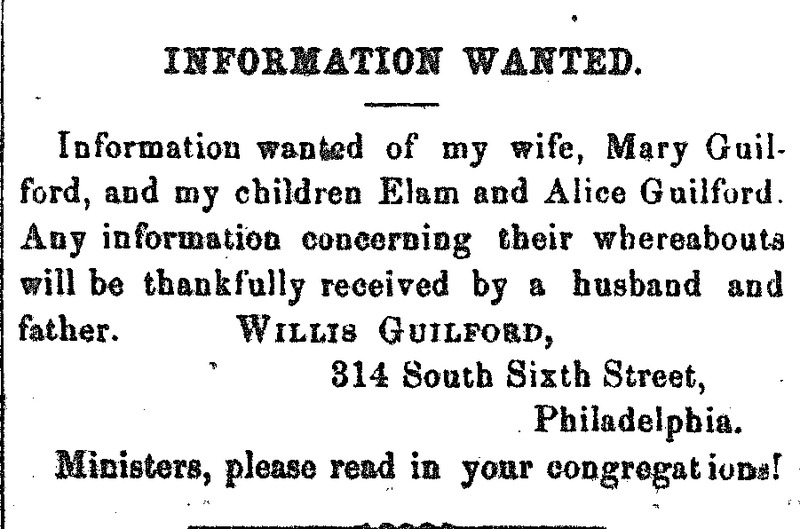 Willis Guilford searching for his wife Mary Guilford and children Elam and Alice 