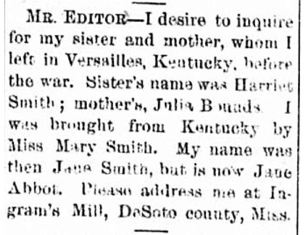 Jane Abbot (formerly Jane Smith) searching for her sister Harriet Smith and mother Julia Bounds