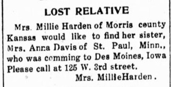 Mrs. Millie Harden looking for her sister Mrs. Anna Davis