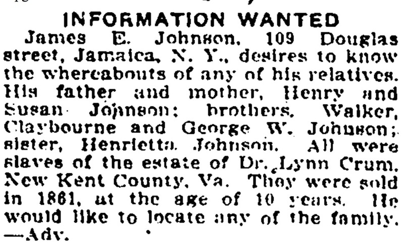 James E. Johnson seeking information about his parents Henry and Susan Johnson and siblings Walker Claybourne, George W. Johnson, and Henriette Johnson