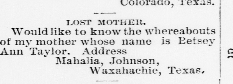 Mahalia Johnson is searching for her mother Betsey Ann Taylor