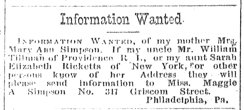 Maggie A. Simpson searching for her mother Mrs. Mary Ann Simpson (1st of 2 ads)