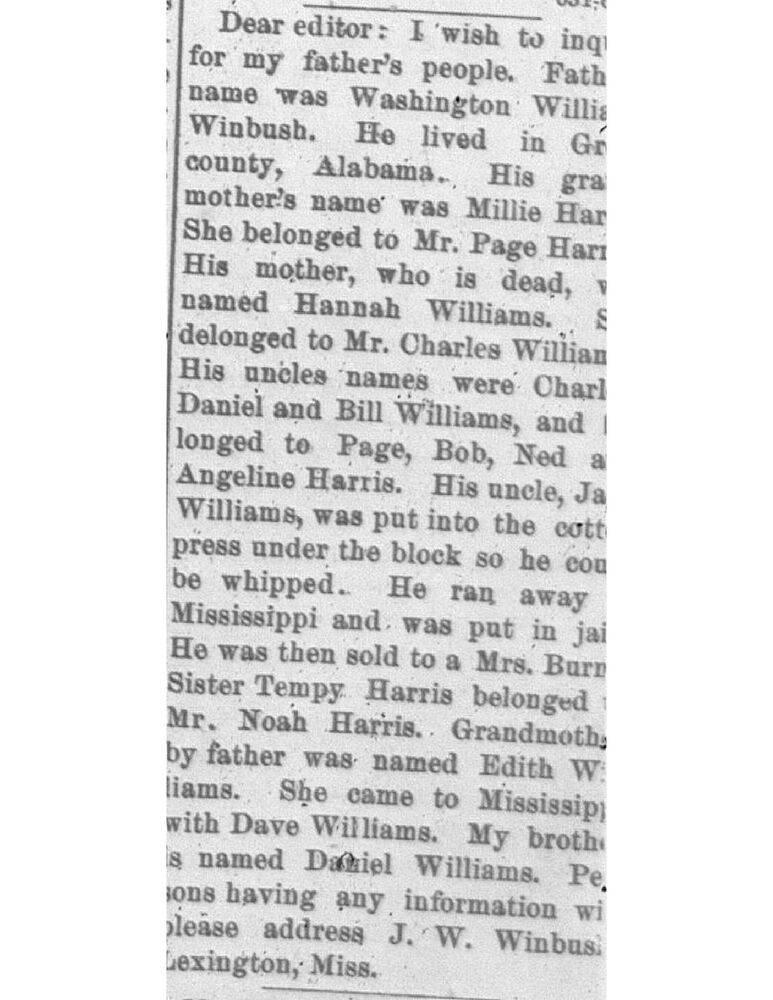 J. W. Winbush searching for their father&#039;s relatives, including their grandmother Edith Williams and brother Daniel Williams