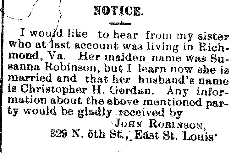 John Robinson searching for information about his sister Susanna Gordan (formerly Susanna Robinson)