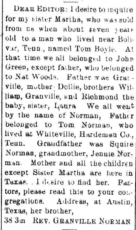 Rev. Granville Norman searching for his sister Martha (2nd of 3 ads placed)