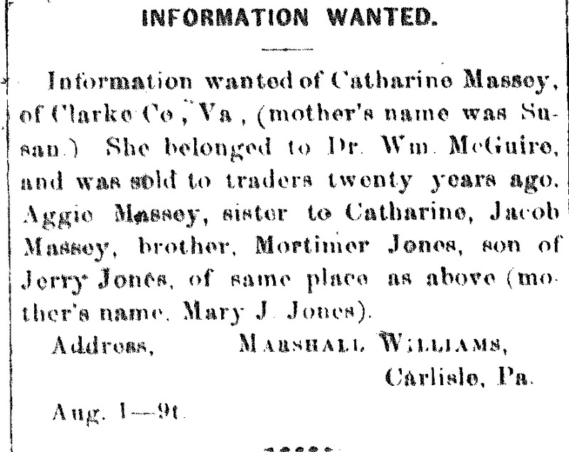 Marshall Williams looking for Catharine Massey