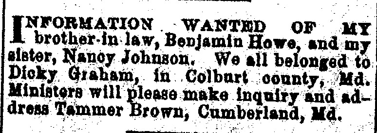 Tammer Brown searching for her sister Nancy Johnson and her brother-in-law Benjamin Howe