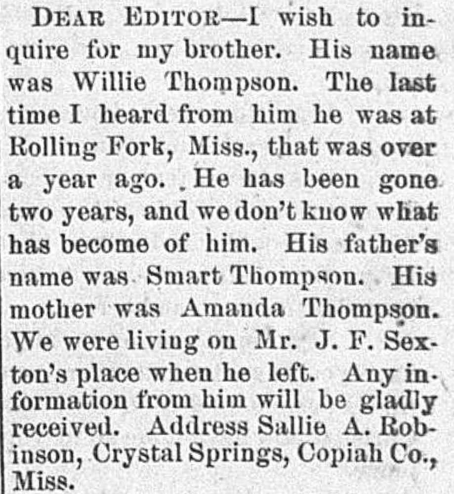 Sallie A. Robinson searching for her brother Willie Thompson