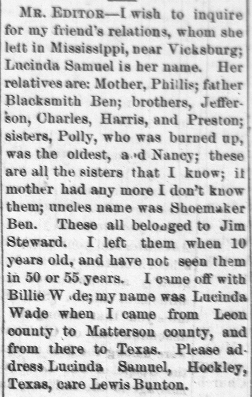 Lucinda Samuel searching for her mother Phillis, father Blacksmith Ben, four brothers, and two sisters