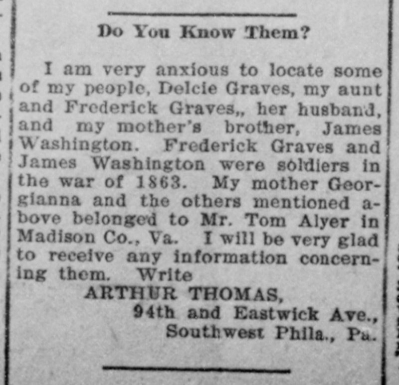 Arthur Thomas searching for his aunt Delcie Graves, her husband Frederick Graves, and his uncle James Washington