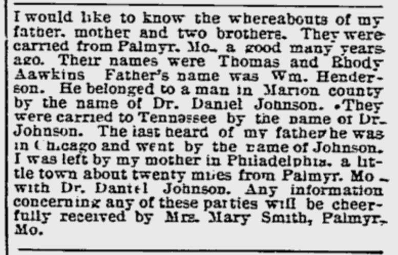 Mrs. Mary Smith searching for her parents and two brothers Thomas and Rhody Aawkins