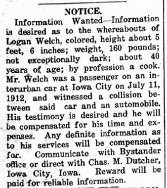 Charles M. Dutcher looking for witness Logan Welch