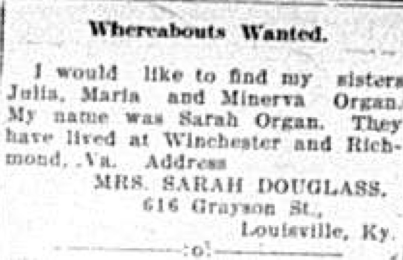 Sarah Douglass (formerly Organ) searching for her sisters Julia, Maria, and Minerva Organ