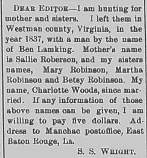 Charlotte Woods searching for her mother Sallie Roberson and sisters