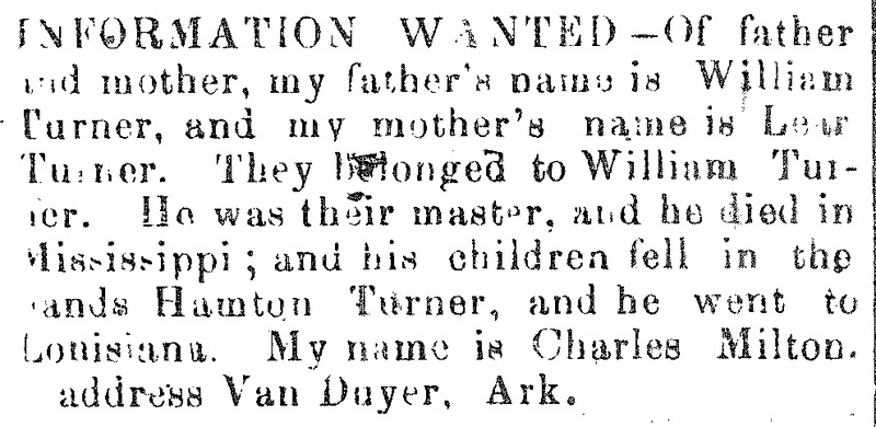 Charles Milton looking for his mother Leah Turner and father William Turner