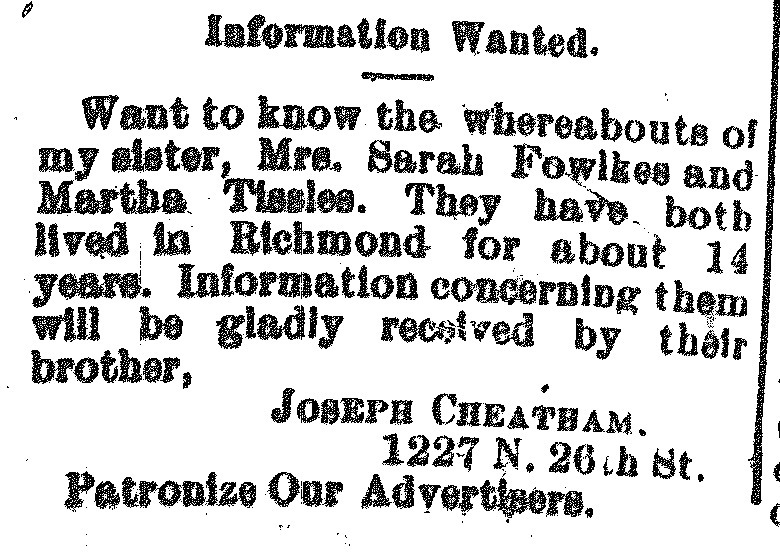 Joseph Cheatham seeking information about his sisters Sarah Fowlkes and Martha Tissles