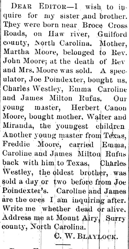 Charles Westley Blaylock searching for his brother James and sister Caroline