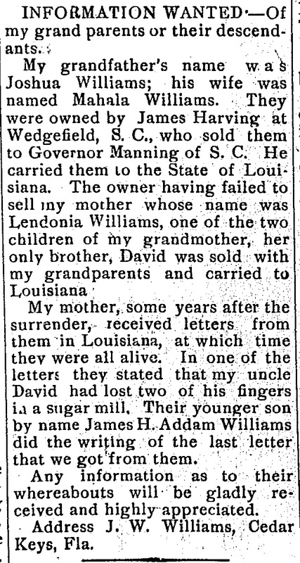 J. W. Williams seeking information of his grandparents Joshua and Mahala Williams or any of their descendants