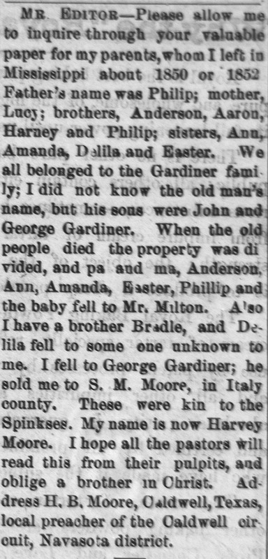 Harvey B. Moore searching for his parents Philip and Lucy, brothers Anderson, Aaron, Harney, and Philip and sisters Ann, Amanda, Delila, and Easter