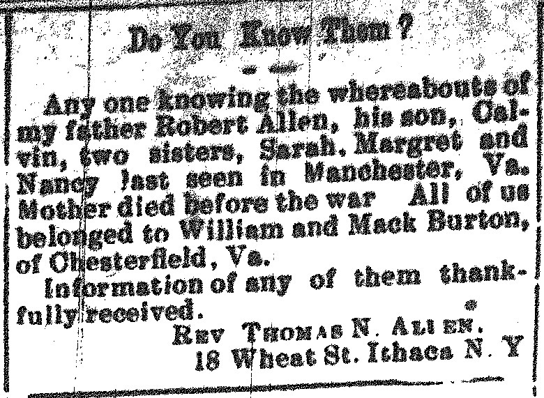 Rev. Thomas N. Allen seeking information about his father Robert Allen, his sisters Sarah and Margaret, and his son Calvin